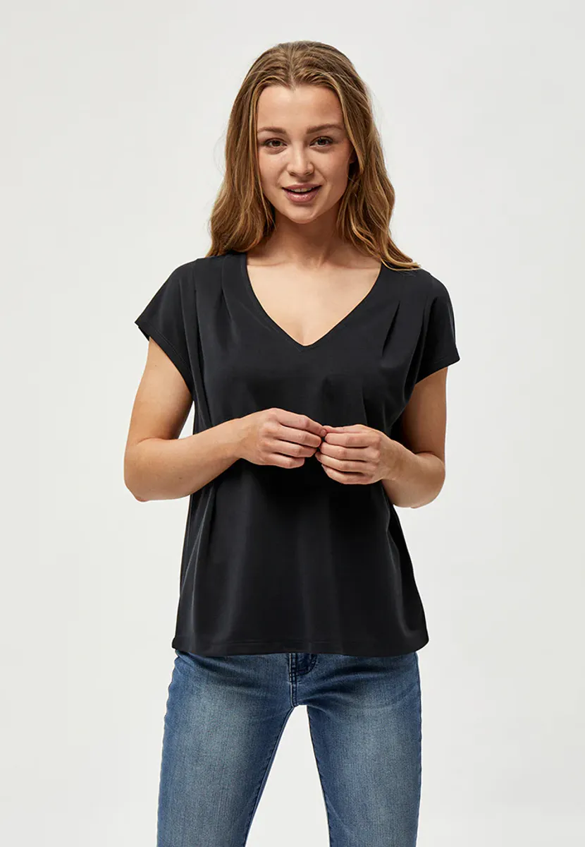 Lana V-Neck Cap Sleeve T-Shirt Curve - Black