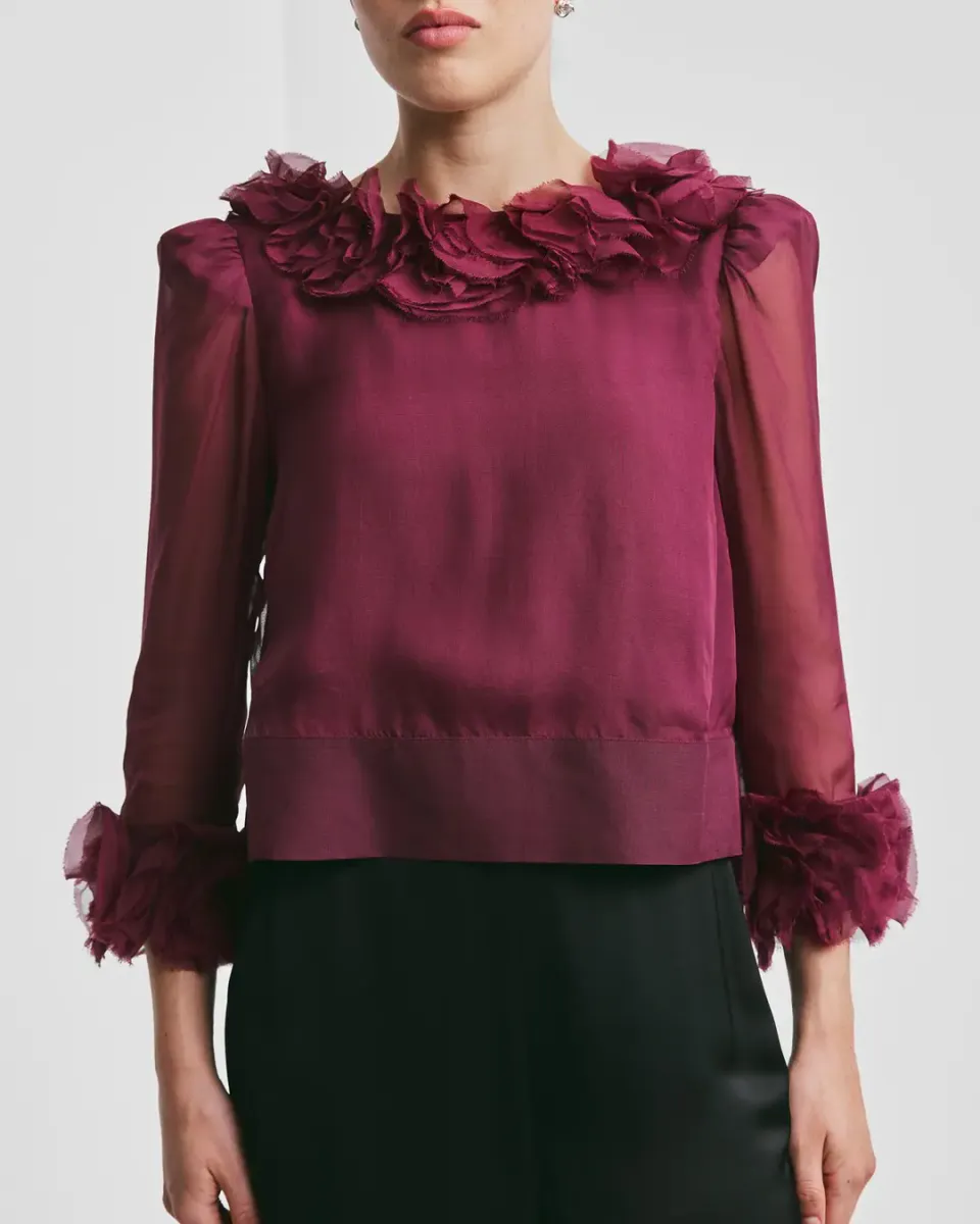 BYTIMO - ORGANZA FRILLY TOP - BURGUNDY